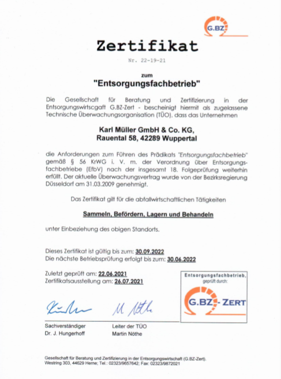 Zertifikat für die Karl Müller GmbH & Co.KG